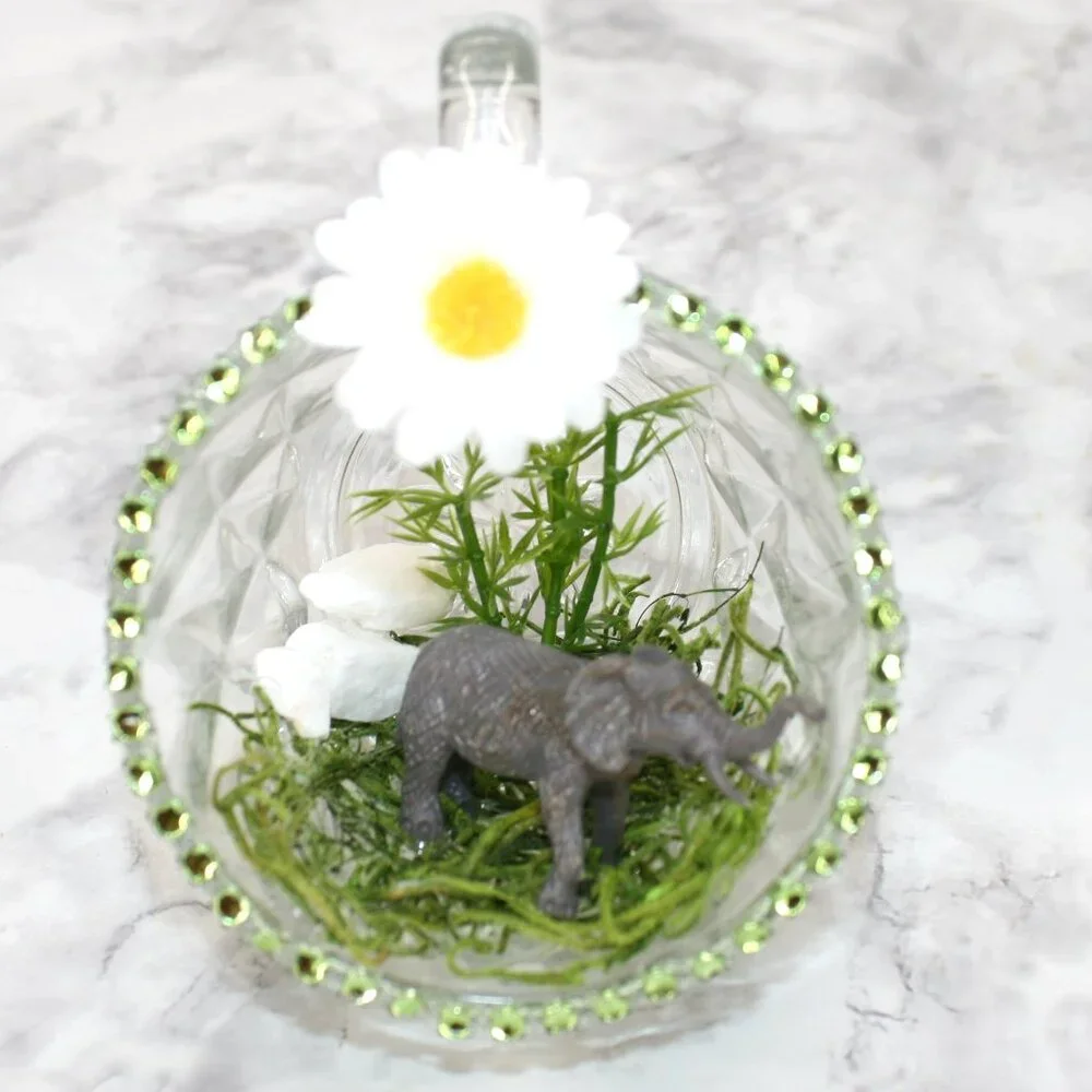 HAND CRAFTED Elephant Decor Ornament Upcycled Cup Floral Bamboo Gray